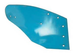 A Sparex Mouldboard - RH (Lemken), part number S.162917, featuring a blue metal sheet with a curved shape and multiple holes drilled along its edges, is equipped with Vulcan Fasteners for added durability.