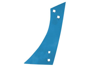 A blue, curved metal agricultural blade with three square holes for attachment, compatible with Vulcan Fasteners. This product is the Shin - LH (Lemken) from Sparex, fitting as 3450525 and listed under Sparex Part Number S.162950.