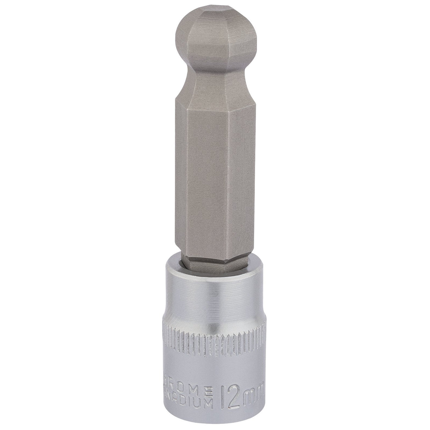 The Draper Ball End Hexagonal Socket Bit, 3/8" Sq. Dr., 12mm - D-HEX-BALL/B, is meticulously crafted from robust chrome vanadium steel and designed with knurled detailing at the base for enhanced grip.