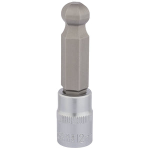 The Draper Ball End Hexagonal Socket Bit, 3/8" Sq. Dr., 12mm - D-HEX-BALL/B, is meticulously crafted from robust chrome vanadium steel and designed with knurled detailing at the base for enhanced grip.