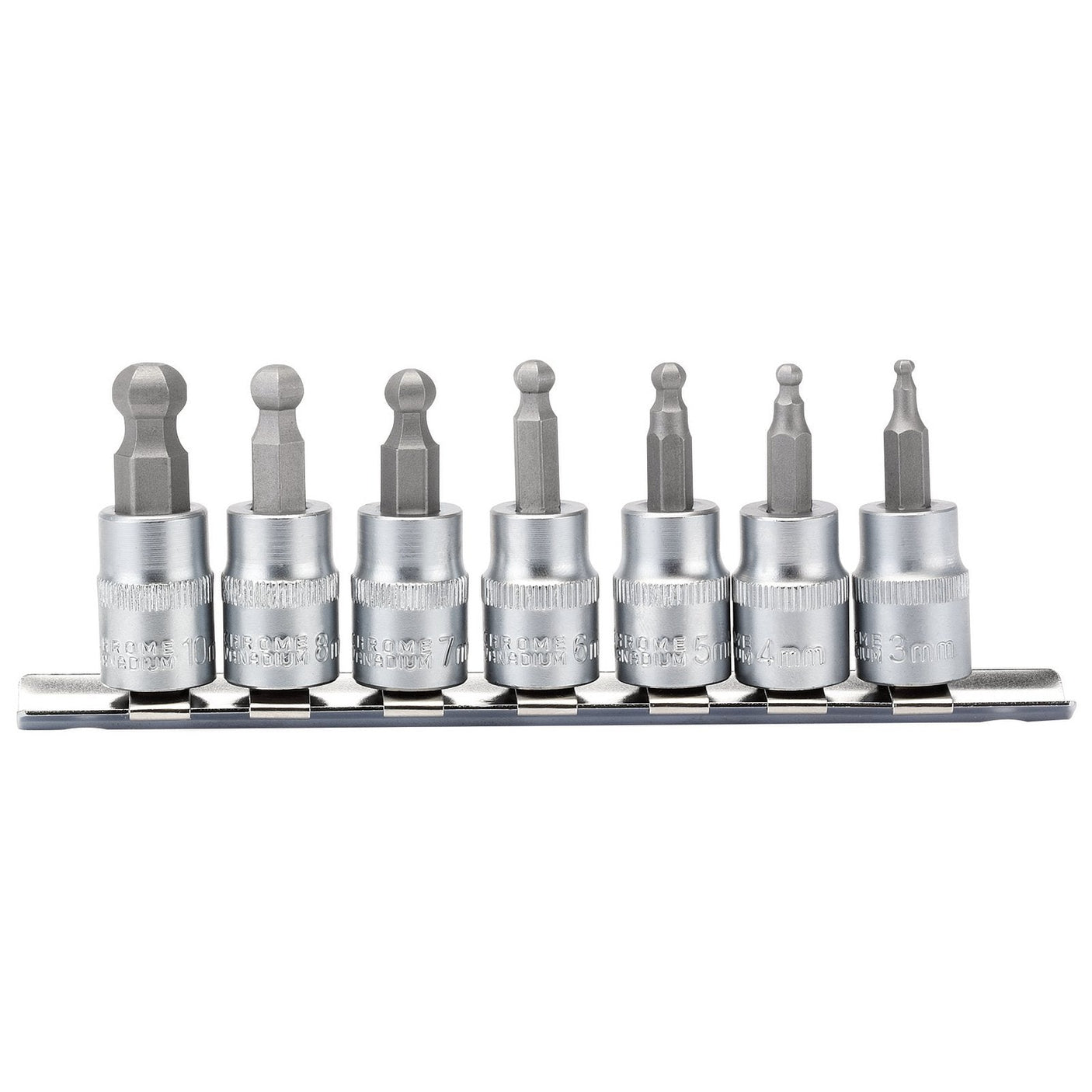 The Draper Ball-End Hex. Socket Bit Set, 3/8" Sq. Dr., 48mm (7 Piece) - D-HEX-B/7/55 features seven hexagonal bits of varying sizes, made from durable chrome vanadium steel, and comes mounted on a metal rail.