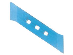 A straight, blue metal blade with three evenly spaced circular holes along the center, adhering to OE Reference 27011202, described as a Reversible Plough Point LH with a thickness of 12mm (Rabewerk) and available under Sparex Part Number S.162995.