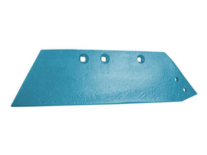 The Share - RH, (Rabewerk) agricultural blade, Sparex Part Number S.163000, is blue and made of metal. It features three rectangular holes and two small circular holes on the right side and is compatible with Vulcan Fasteners.