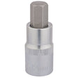 The Draper Hexagonal Socket Bit, 1/2" Sq. Dr., 12mm - H-HEX/B, featuring a smooth cylindrical body and hexagonal driving end made of durable chrome vanadium steel, stands upright on a white background.