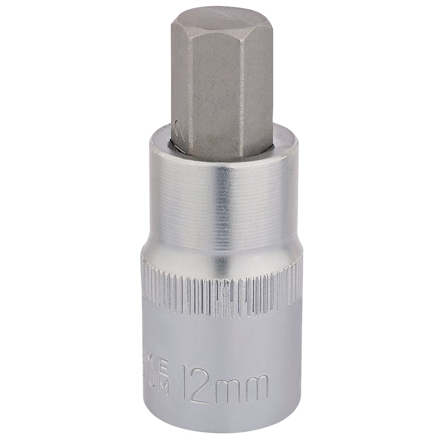 The Draper Hexagonal Socket Bit, 1/2" Sq. Dr., 12mm - H-HEX/B, featuring a smooth cylindrical body and hexagonal driving end made of durable chrome vanadium steel, stands upright on a white background.