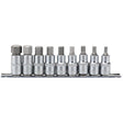 A 9-piece set of Draper Metric Hex. Socket Bit Set, featuring various sizes crafted from durable chrome vanadium steel, arranged in a convenient holder with a 1/2" Sq. Dr. and 55mm length (H-HEX/9/55).