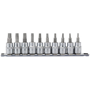 The Draper Tx-Star® Socket Bit Set, 3/8" Sq. Dr., 48mm (10 Piece) - D-TX/10/55 includes ten torx bit sockets made from hardened and tempered chrome vanadium steel with S2 silicon sand-blasted bits. Each socket features a knurled ring for enhanced grip and is supplied on a steel socket retaining rail. This product is of Expert Quality and compatible with Torx† fixing systems.
