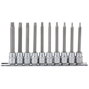 A row of ten Draper Tx-Star® Socket Bits, 3/8" Sq. Dr., 100mm (10 Piece) - D-TX/10/100, crafted from durable chrome vanadium steel and mounted on a holder.