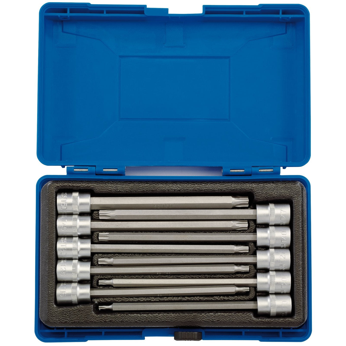 A durable blue plastic case holds a 10-piece Draper Tx-Star® Long Socket Bit Set, 3/8" Sq. Dr., 150mm, expertly organized in foam.