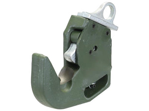 The Lower Link Weld-On Hook (Cat. 1), Sparex Part Number S.163156, is a green mechanical hook attachment with a silver loop on top, designed for heavy lifting or rigging purposes. It is ideal for 50hp tractors and fully compatible with Sparex parts.