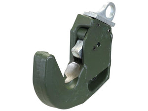 Close-up view of a green, heavy-duty Sparex Lower Link Weld-On Hook (Cat. 2S) with a metallic hinge and a silver loop at the top, commonly used in 90hp tractor setups. The product bears the Sparex Part Number: S.163157.