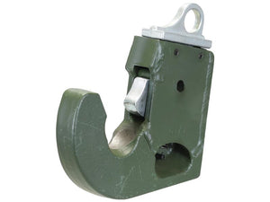 Lower Link Weld-On Hook (Cat. 2) by Sparex, part number S.163158, is a green heavy-duty metal hook with a silver eyelet. It is suitable for 150hp tractors and perfect for industrial or mechanical lifting and securing purposes, making it an ideal choice for those searching under the Sparex category 2.