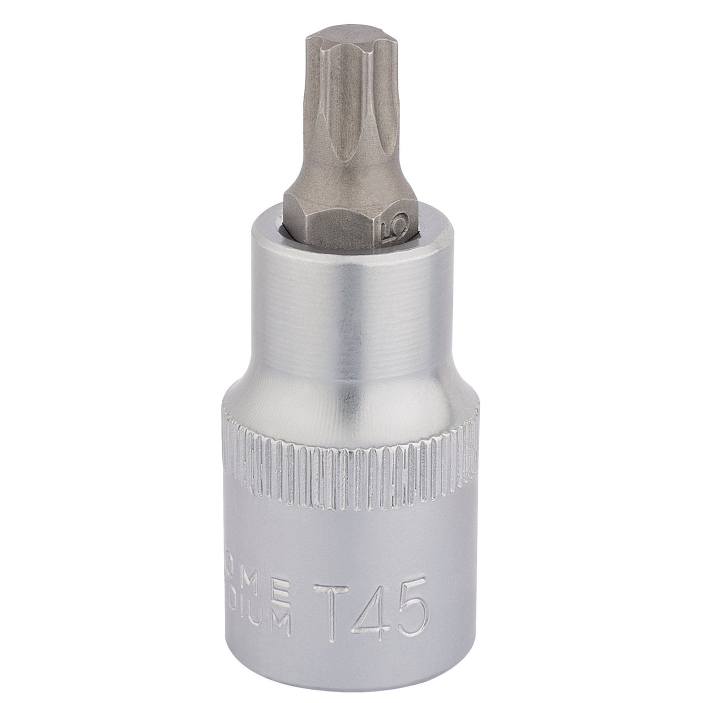 The Draper Tx-Star® Socket Bit, 1/2" Sq. Dr., T45 X 55mm - H-TX/B crafted from durable chrome vanadium steel, features a knurled grip and a sleek chrome finish, making it ideal for driving Torx screws and bolts.