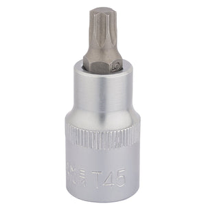 The Draper Tx-Star® Socket Bit, 1/2" Sq. Dr., T45 X 55mm - H-TX/B crafted from durable chrome vanadium steel, features a knurled grip and a sleek chrome finish, making it ideal for driving Torx screws and bolts.