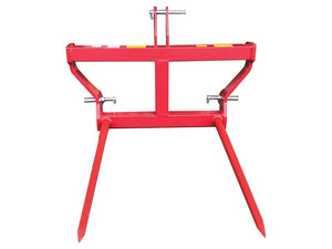 The Sparex Bale Frame - 2 x M28 x 1250mm C2 Tines (equipped with SHW Brand Tines), known by Sparex Part Number S.163162, is a CE-approved red metal attachment designed for agricultural or industrial applications. It features two robust tines and includes a mounting bracket and pins for secure attachment. Engineered to handle loads up to 1000 kg, this heavy-duty tool ensures reliability and durability even in the most demanding conditions.