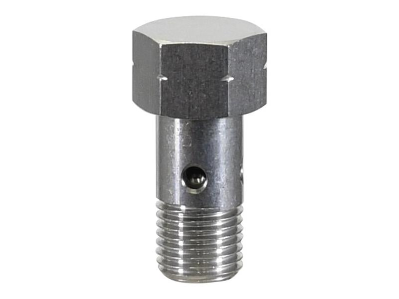 The Banjo Bolt M14 x 1.5 x 40mm (Sparex Part Number: S.163180) from the Sparex brand is a metallic hex head bolt featuring a threaded shank and a hole through the cylindrical part.