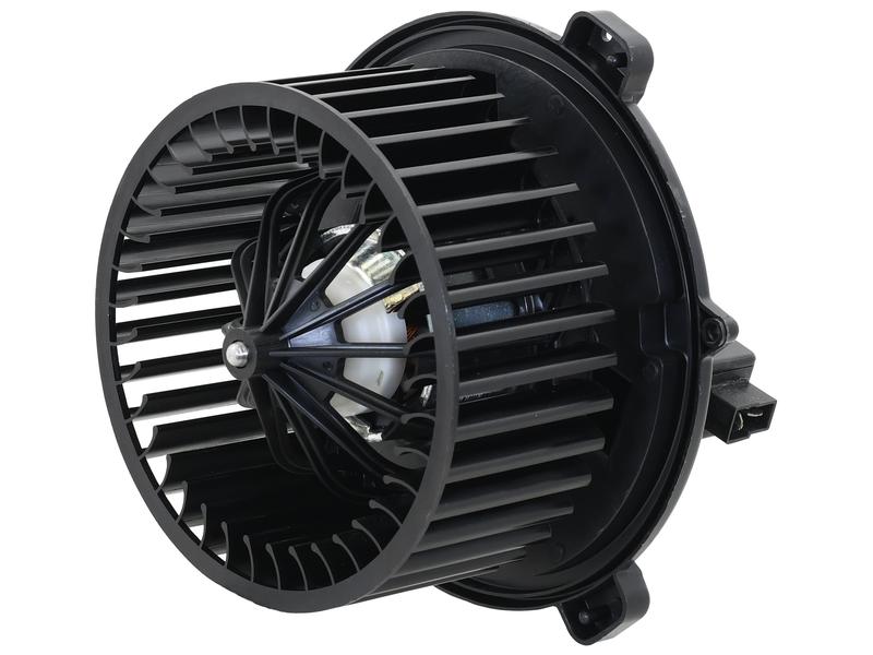 Close-up of a 12V black Blower Motor With Wheel, Sparex Part Number S.163197, showcasing the intricate fan blades and Sparex motor housing designed for clockwise rotation.