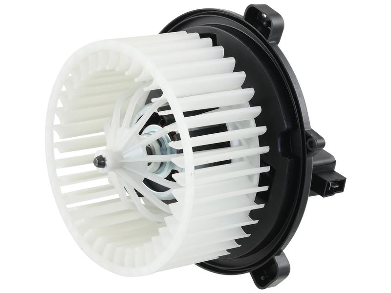 The Sparex Blower Motor With Wheel (Part Number: S.163198) is a white plastic fan designed for vehicle HVAC systems, featuring a black housing and connector, 12V power, and anti-clockwise rotation.