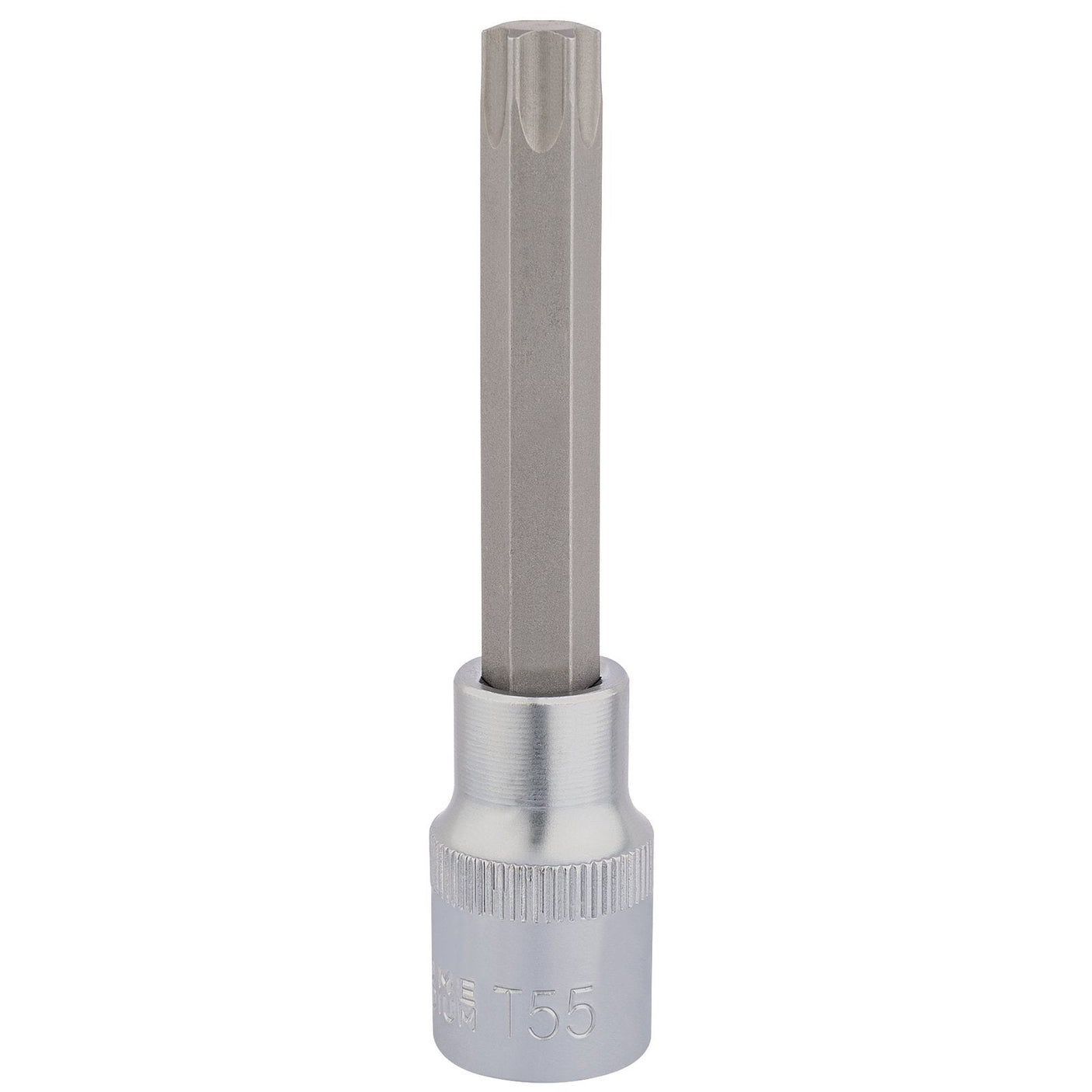 The Draper Tx-Star® Socket Bit, 1/2" Sq. Dr., T55 X 100mm - H-TX/B, is an expert-quality tool featuring a chrome vanadium steel socket attachment, specifically designed for use with ratchets or wrenches in Torx fixing systems.