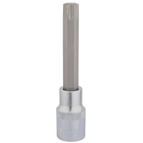 The Draper Tx-Star® Socket Bit, 1/2" Sq. Dr., T55 X 100mm - H-TX/B, is an expert-quality tool featuring a chrome vanadium steel socket attachment, specifically designed for use with ratchets or wrenches in Torx fixing systems.