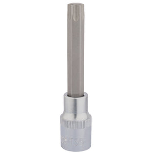 The Draper Tx-Star® Socket Bit, 1/2" Sq. Dr., T55 X 100mm - H-TX/B, is an expert-quality tool featuring a chrome vanadium steel socket attachment, specifically designed for use with ratchets or wrenches in Torx fixing systems.