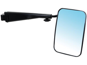 A rectangular Sparex Mirror Arm Assembly - Adjustable (380 - 530mm) RH (Part Number: S.163213), perched on a sleek black adjustable arm, reflecting a clear blue sky.