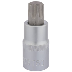 The Draper Tx-Star® Socket Bit, 1/2" Sq. Dr., T60 X 55mm - H-TX/B is a shiny T60 Torx socket bit made of durable chrome vanadium steel, featuring a star-shaped end.