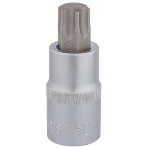 The Draper Tx-Star® Socket Bit, 1/2" Sq. Dr., T60 X 55mm - H-TX/B is a shiny T60 Torx socket bit made of durable chrome vanadium steel, featuring a star-shaped end.