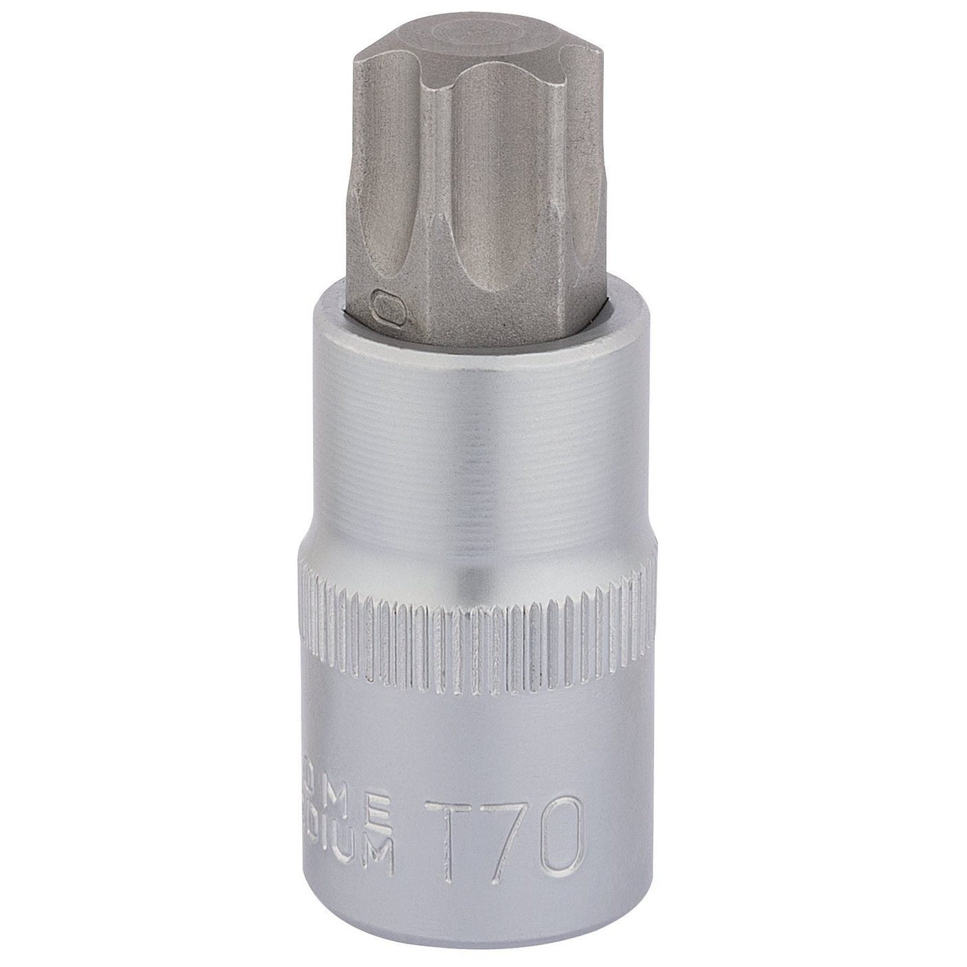 A close-up image of the Draper Tx-Star® Socket Bit, 1/2" Sq. Dr., T70 x 55mm - H-TX/B. This bit, crafted from durable chrome vanadium steel, features a ribbed section for grip and a metallic finish.