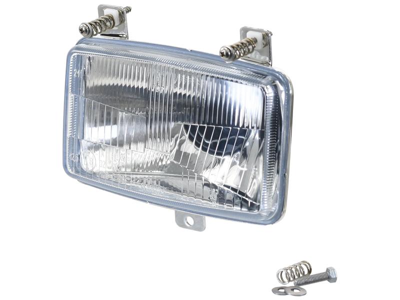 The Head Light, RH & LH, RH Dip, 12-24V (Sparex Part Number: S.163260) from Sparex features a rectangular headlight with a clear lens. It includes metal mounting brackets, springs, and screws placed beside it for easy installation. The headlight also comes with an H4 bulb and boasts an IP54 rating for enhanced durability.