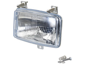 The Head Light, RH & LH, RH Dip, 12-24V (Sparex Part Number: S.163260) from Sparex features a rectangular headlight with a clear lens. It includes metal mounting brackets, springs, and screws placed beside it for easy installation. The headlight also comes with an H4 bulb and boasts an IP54 rating for enhanced durability.