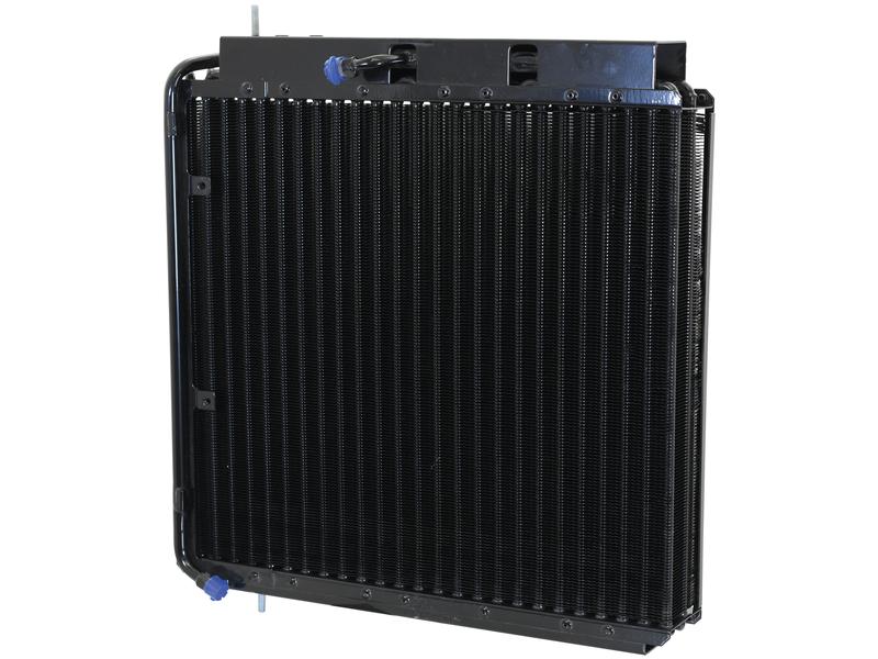 A Sparex Condenser (Part Number S.163271) featuring black cooling fins, blue caps, and a robust core thickness is displayed on a white background.