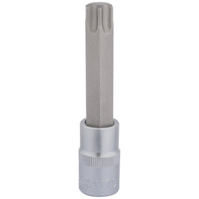 The Draper Tx-Star® Socket Bit, 1/2" Sq. Dr., T70 X 100mm - H-TX/B is a long, metallic T70 Torx bit socket crafted from durable chrome vanadium steel. It features a ribbed cylindrical handle and a six-point star-shaped tip, designed for use with a ratchet or driver.