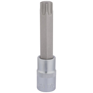 The Draper Tx-Star® Socket Bit, 1/2" Sq. Dr., T70 X 100mm - H-TX/B is a long, metallic T70 Torx bit socket crafted from durable chrome vanadium steel. It features a ribbed cylindrical handle and a six-point star-shaped tip, designed for use with a ratchet or driver.