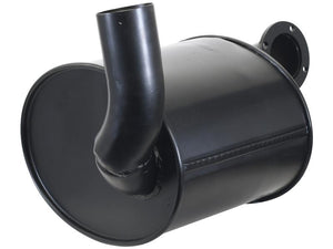 The Silencer - Underhood (Sparex Part Number: S.163297) is a cylindrical black car muffler featuring a curved exhaust pipe extending from one end and a flanged mounting point with a 4-hole flange fitting on the other end.