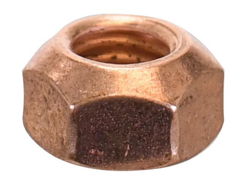 A close-up image of the Sparex Exhaust Manifold Nut M8 x 1.25mm (Part No. S.163300) with a threaded hole in the center, showing a slightly worn metallic surface, commonly used in machinery like the Deutz-Fahr AGROTRON.