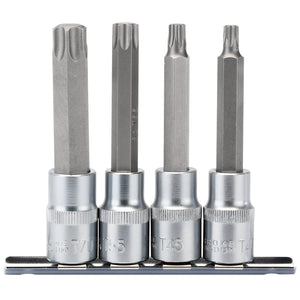 This Draper Tx-Star® Socket Bit Set, 1/2" Sq. Dr. (4 Piece) - T-TX/4/100 features four socket bits in various sizes on a metallic holder, crafted from chrome vanadium steel for durability.