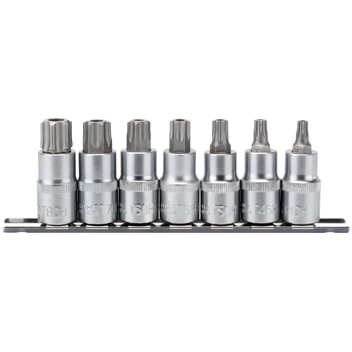 Here is a rewrite of the sentence using the provided product data:

The Draper Tx-Star® Security Socket Bit Set 1/2" Sq. Dr., 55mm (7 Piece) - H-TXT/7/55 includes seven hex and security socket bits neatly arranged in a holder. Each bit is clearly labeled with its size and has a metallic finish, making it ideal for Torx fixing systems.