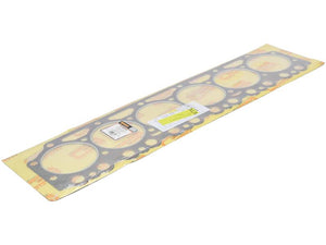 A flat, rectangular engine head gasket with multiple round cutouts, designed for a Deutz Engine, displayed on a yellow packaging background. Known as the Head Gasket - 6 Cyl. (BF6M 1013), this product is Sparex Part Number S.163366 from the brand Sparex.