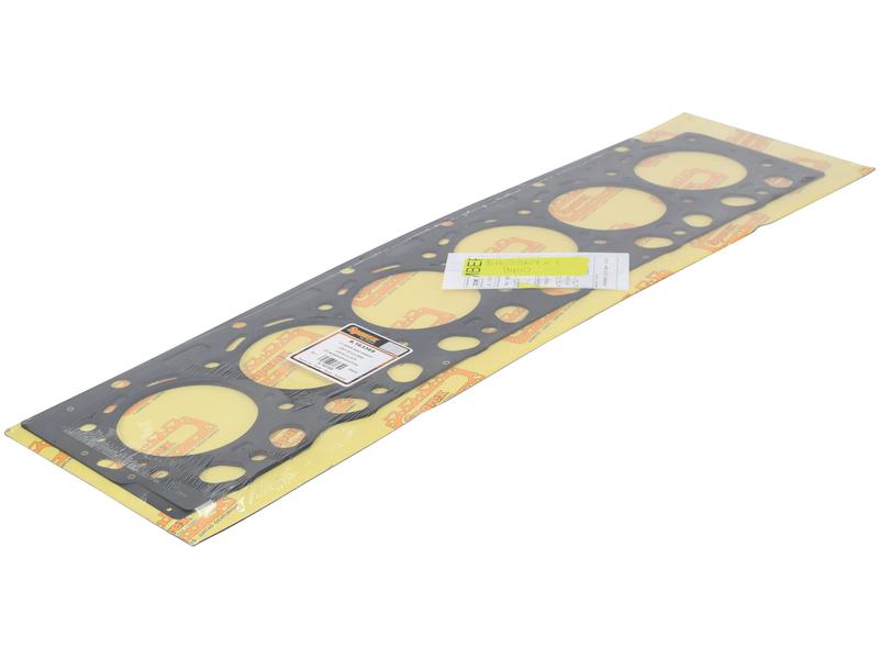 Displayed on a yellow and orange patterned backing, the Sparex head gasket (S.163369) is crafted from mild steel, featuring multiple circular openings and is suitable for various models including the Deutz Engine Model BF6M 2012.