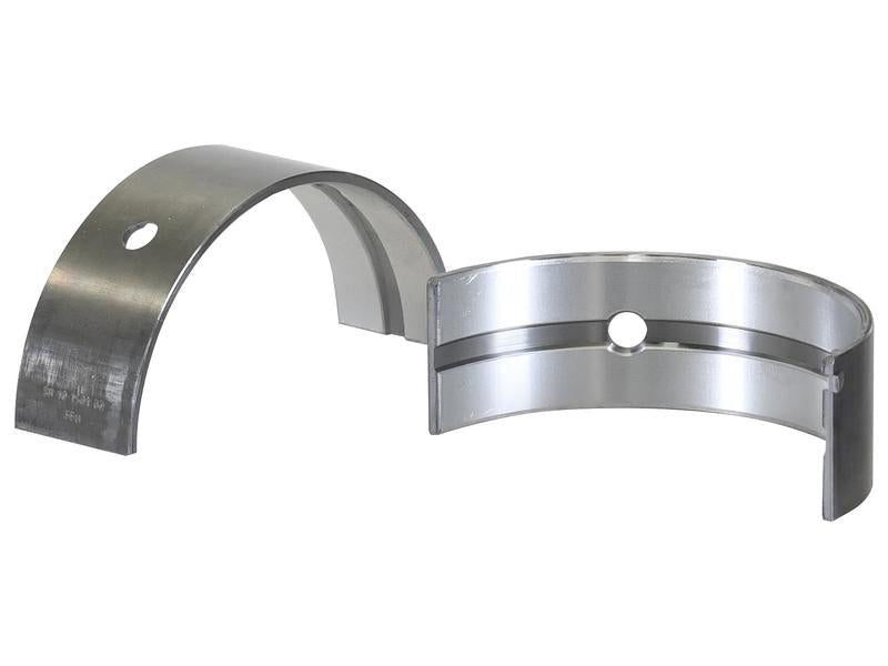 The Main Bearing Standard (Pair) by Sparex, with Part Number S.163387, comprises two semi-circular metal bearing shells. Each shell has a center hole; one is silver and the other has a grayish tint. These bearings are designed to fit Sparex Engine models BF4M1013 and BF6M1013.