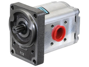 A close-up view of a Single Hydraulic Pump (Sparex Part Number: S.163396) by Sparex, featuring a mounting flange and a visible red hydraulic port. Designed for anti-clockwise rotation, this pump ensures efficient performance at various speeds measured in rpm.