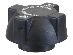 The Sparex Radiator Cap (Part Number: S.163435) is a black plastic knob featuring German text, including "Lösen," "Überdruck," "Auf," and "Zu." This threaded knob boasts a four-pronged design and a cylindrical base.