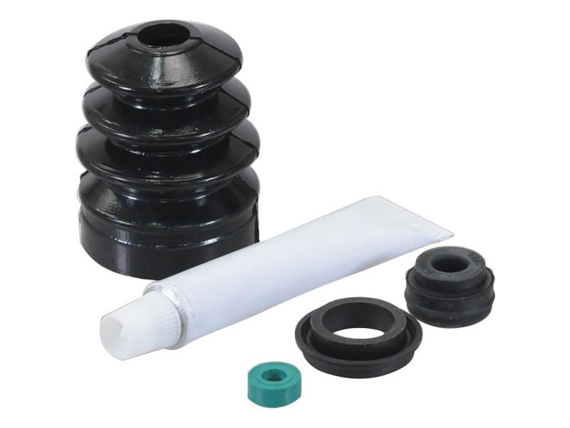 A Sparex Brake Master Cylinder Repair Kit (Sparex Part No. S.163460), which includes a black rubber boot, a white grease tube, and various washers and seals, is neatly arranged on a white background.