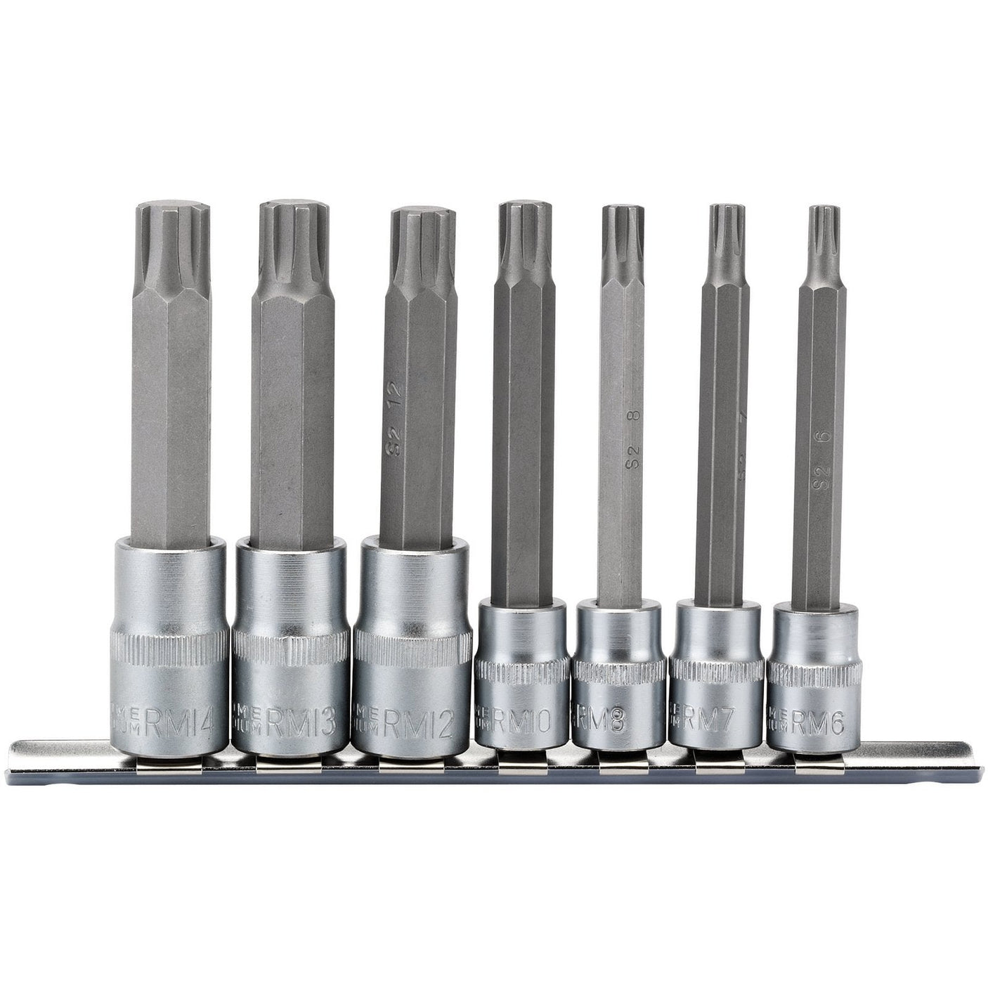 The Draper Ribe® Socket Bit Set, 3/8" & 1/2" Sq. Dr. (7 Piece) - RIBE/7/SET/B features seven socket bits constructed from durable chrome vanadium steel, neatly mounted on a robust socket retaining rail and arranged in ascending order from left to right.