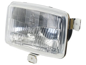 Close-up of a rectangular, clear glass headlight for a vehicle, featuring metal mounting brackets at the sides and bottom. This Sparex Head Light, RH & LH, Straight (Sparex Part Number: S.163488), is equipped with an H4 bulb, making it compatible with 12V systems.