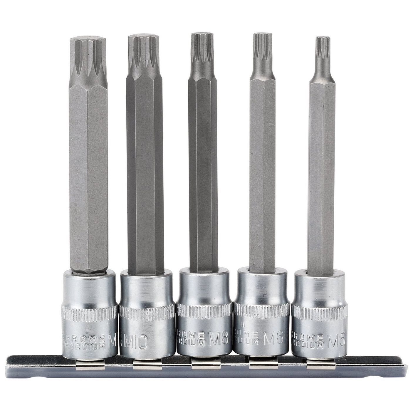 A set of five Draper Spline Socket Bit Set, 3/8" Sq. Dr. (D-SPLINE/5/100), crafted from chrome vanadium steel with various head shapes and sizes, organized on a metal holder.