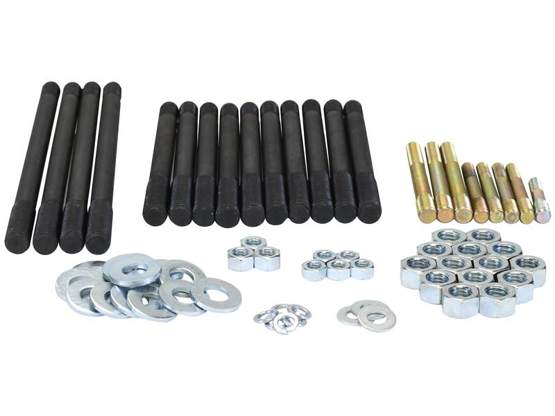 A set of Sparex Cylinder Head Stud Kits, part number S.163537, arranged in neat rows on a white surface. The kit includes bolts, nuts, and washers that vary in length and color, with some being black and others metallic gold. These items are perfect related products for various projects requiring specific tariff codes.