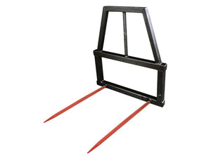 The Sparex High Back Bale Frame - 1250mm Conus 2 Hayspikes (Sparex Part Number: S.163545) is a black metal hay spear attachment featuring two horizontally protruding 1250 mm red tines, with a load capacity of 700 kgs.