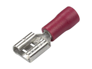 Close-up image of a Pre Insulated Spade Terminal, Double Grip - Female, 6.3mm, Red (0.5 - 1.5mm) from Sparex (Part Number: S.163549), commonly used in electrical wiring and featuring a crimp type design.